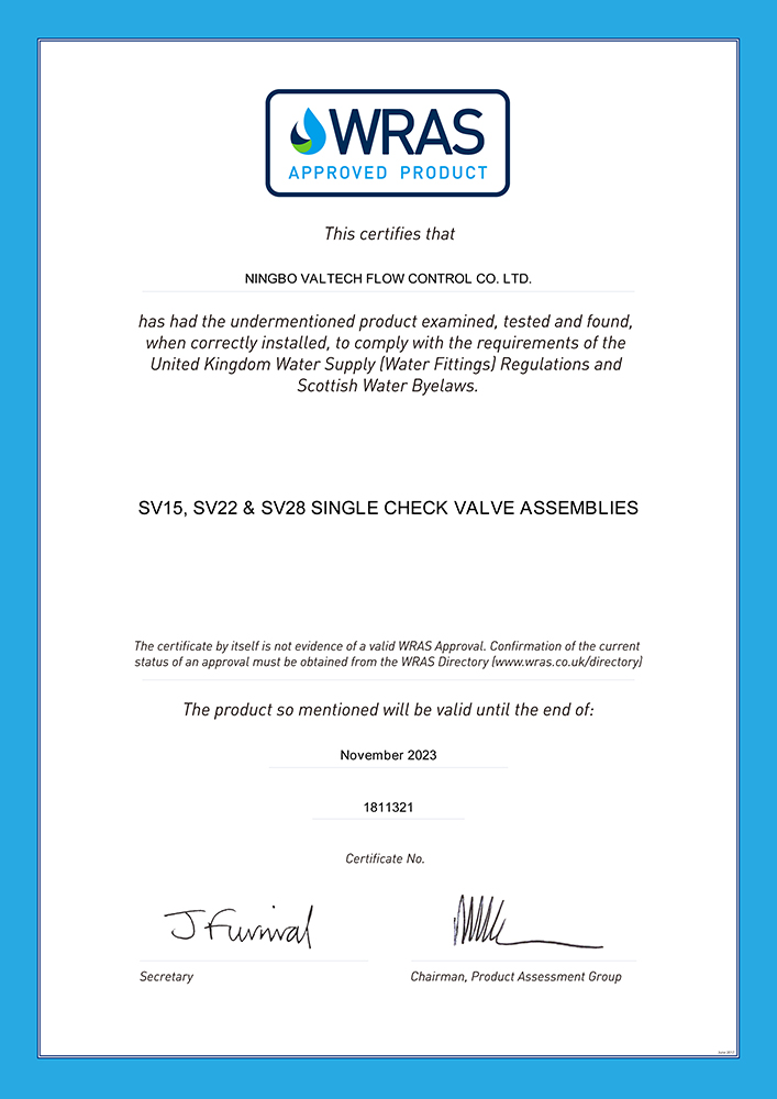 SCV WRAS certificate